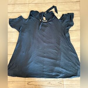 Lane Bryant Navy Cold-Shoulder Tie-Neck Top